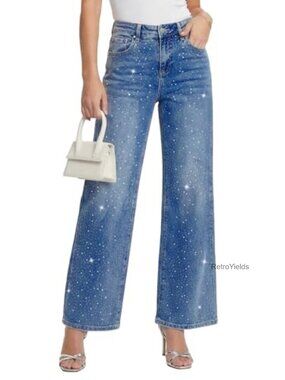 High Waisted Straight Leg Rhinestone Boyfriend Denim Jeans